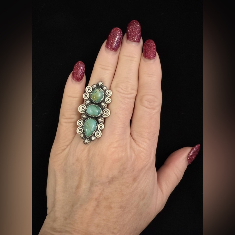 Genuine Mojave Turquoise‎ Sterling Silver native style Statement Ring - Picture 8 of 9